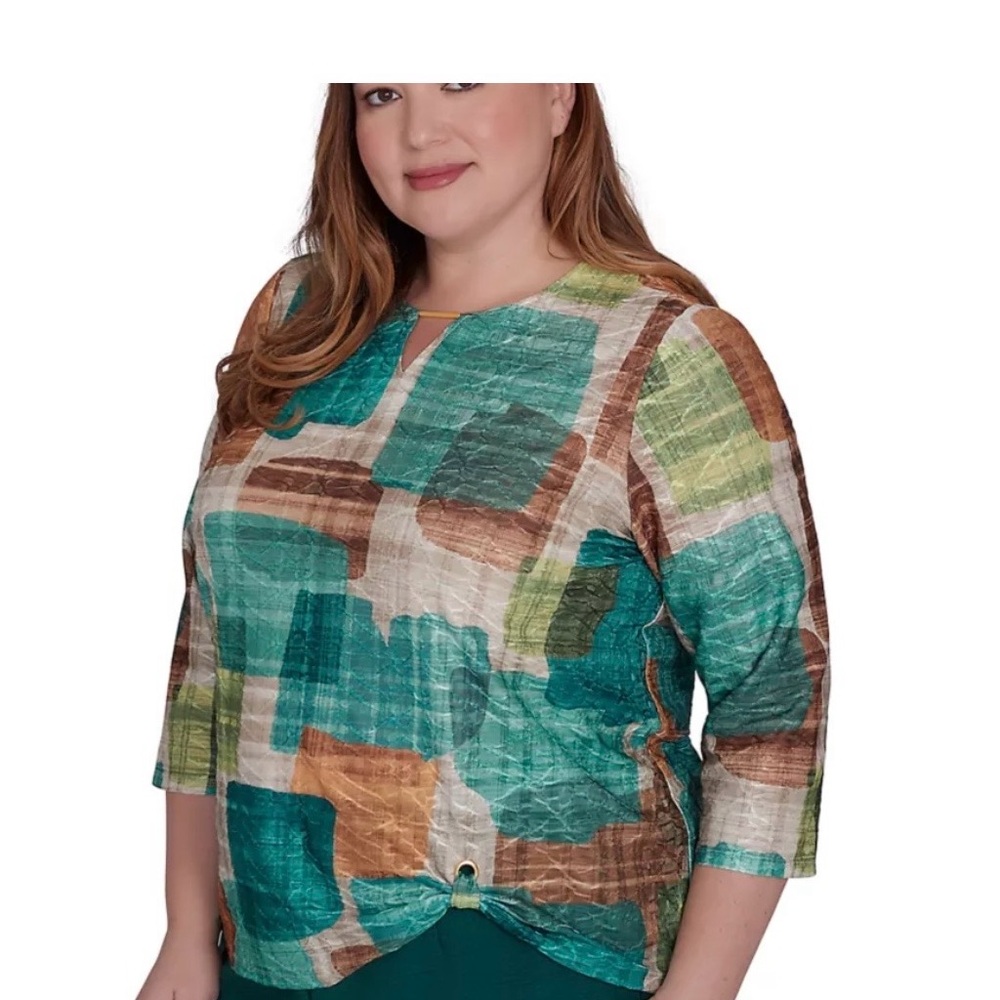 Alfred Dunner green colorblock top Plus Size Abstract Print 3/4 Sleeves